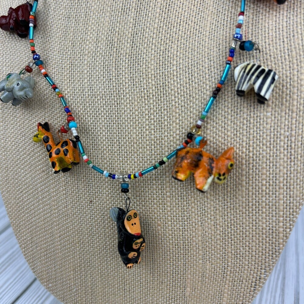 Vintage Necklace 80s 90s Beaded Stoneware Painted Amulets Fetish Spirit Animals